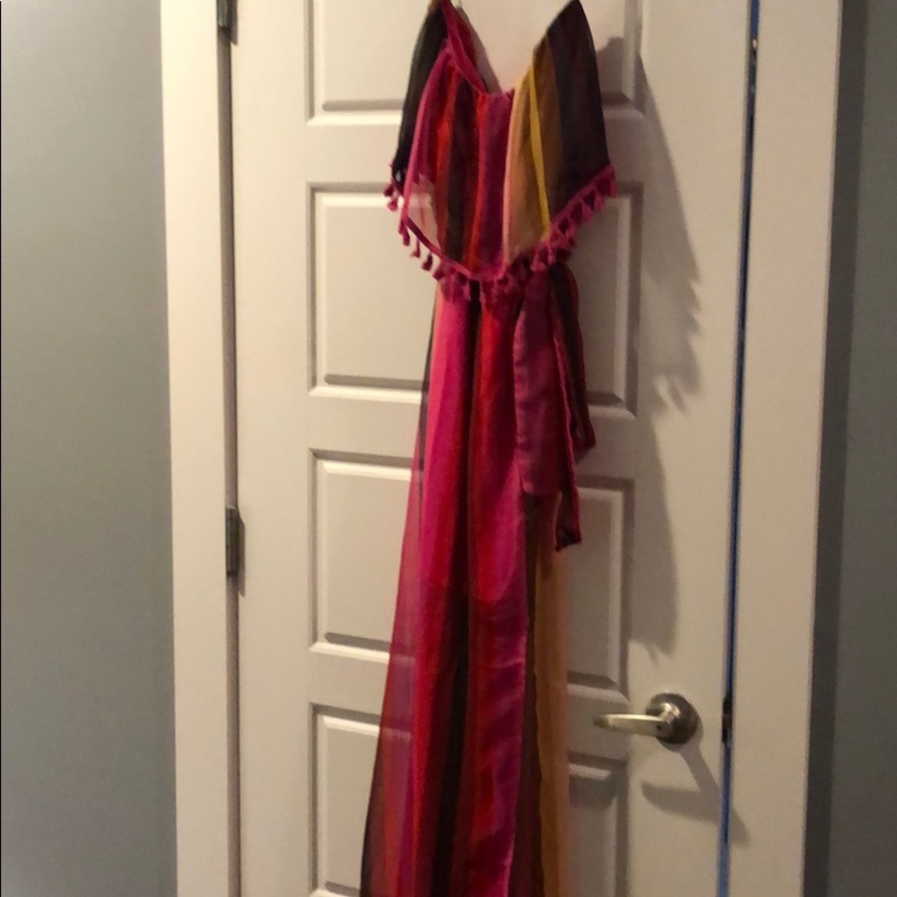 Fun, flowy strapless striped maxi dress